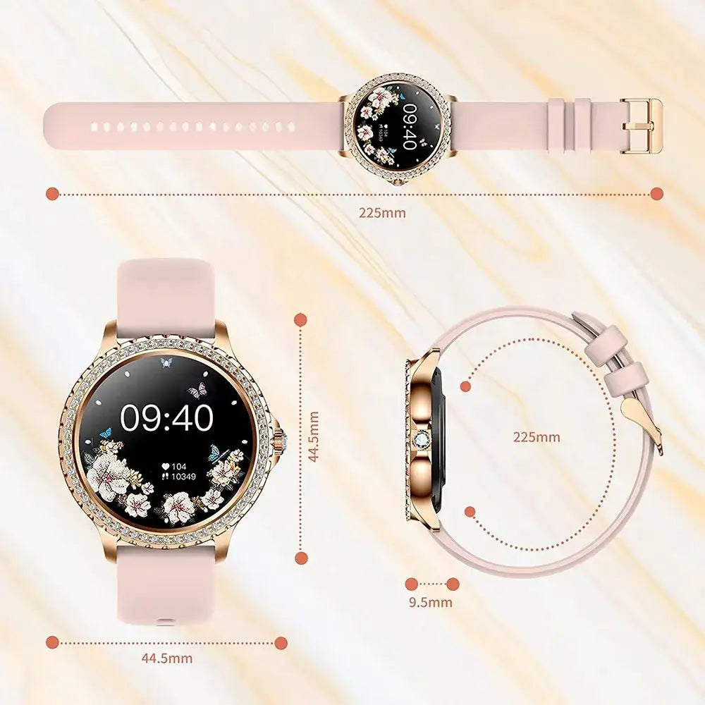 Rose gold i58 Diamond Women Smartwatch with crystal bezel, floral display, and pink strap