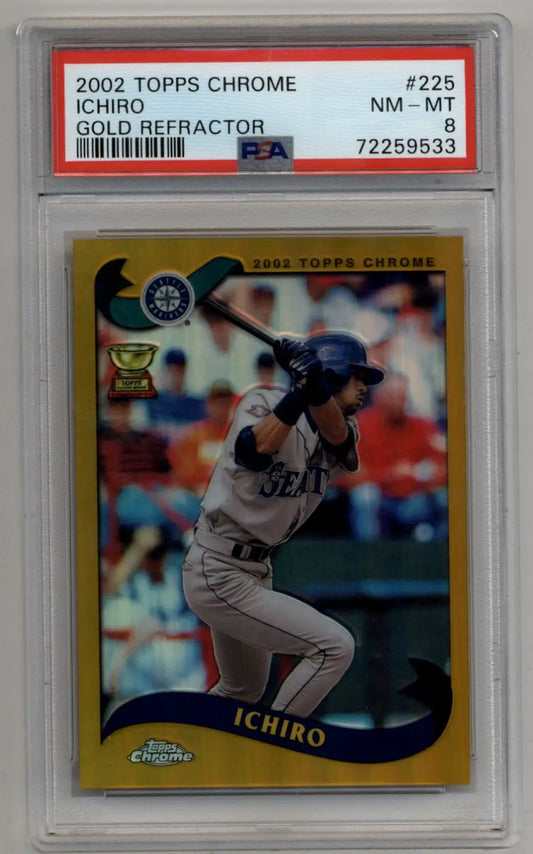 PSA-graded Ichiro 2002 Topps Chrome Gold Refractor #225 baseball card at bat
