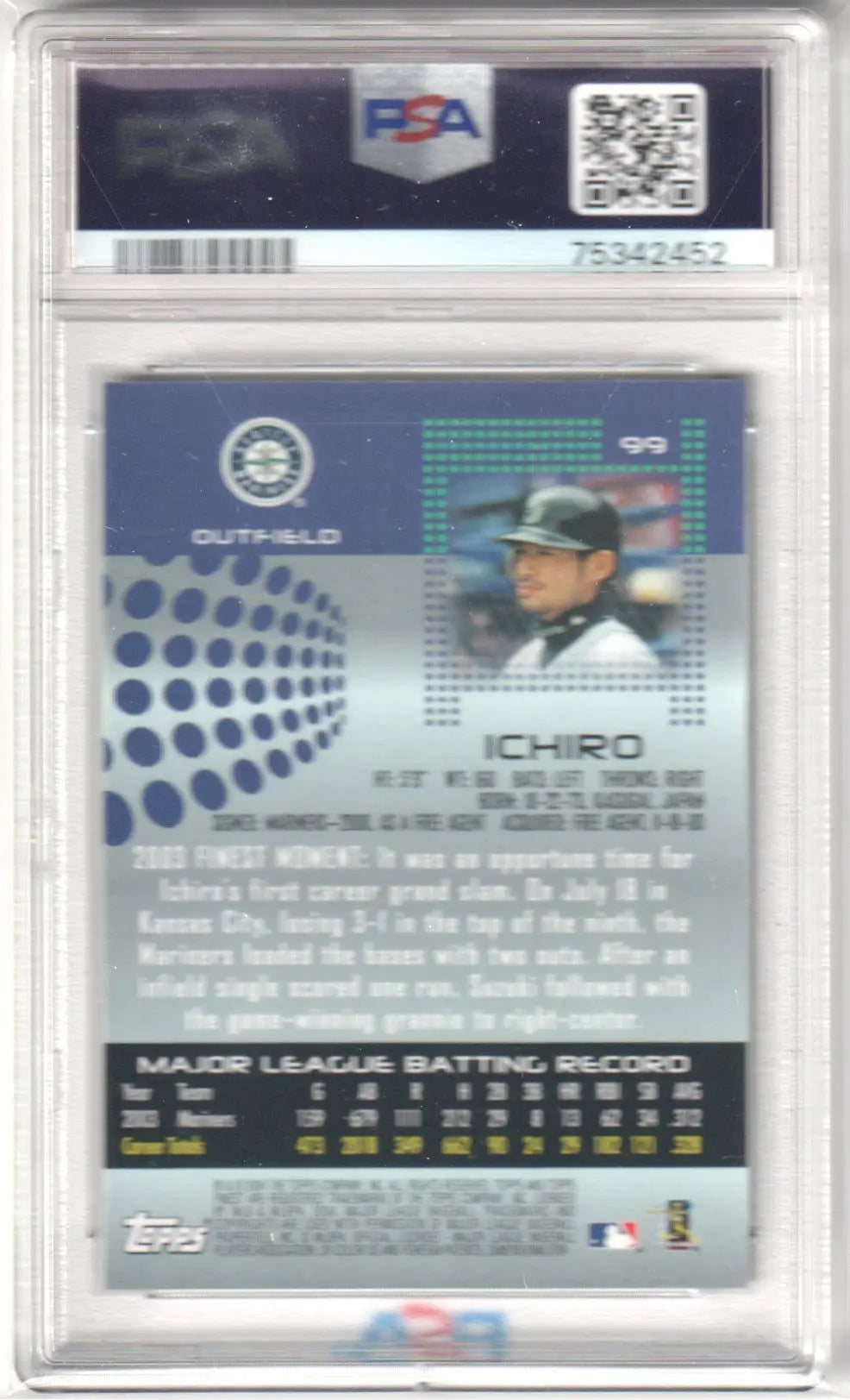 Graded Ichiro baseball card from Topps Finest series, PSA 8 NM-MT by Columbia Hobby