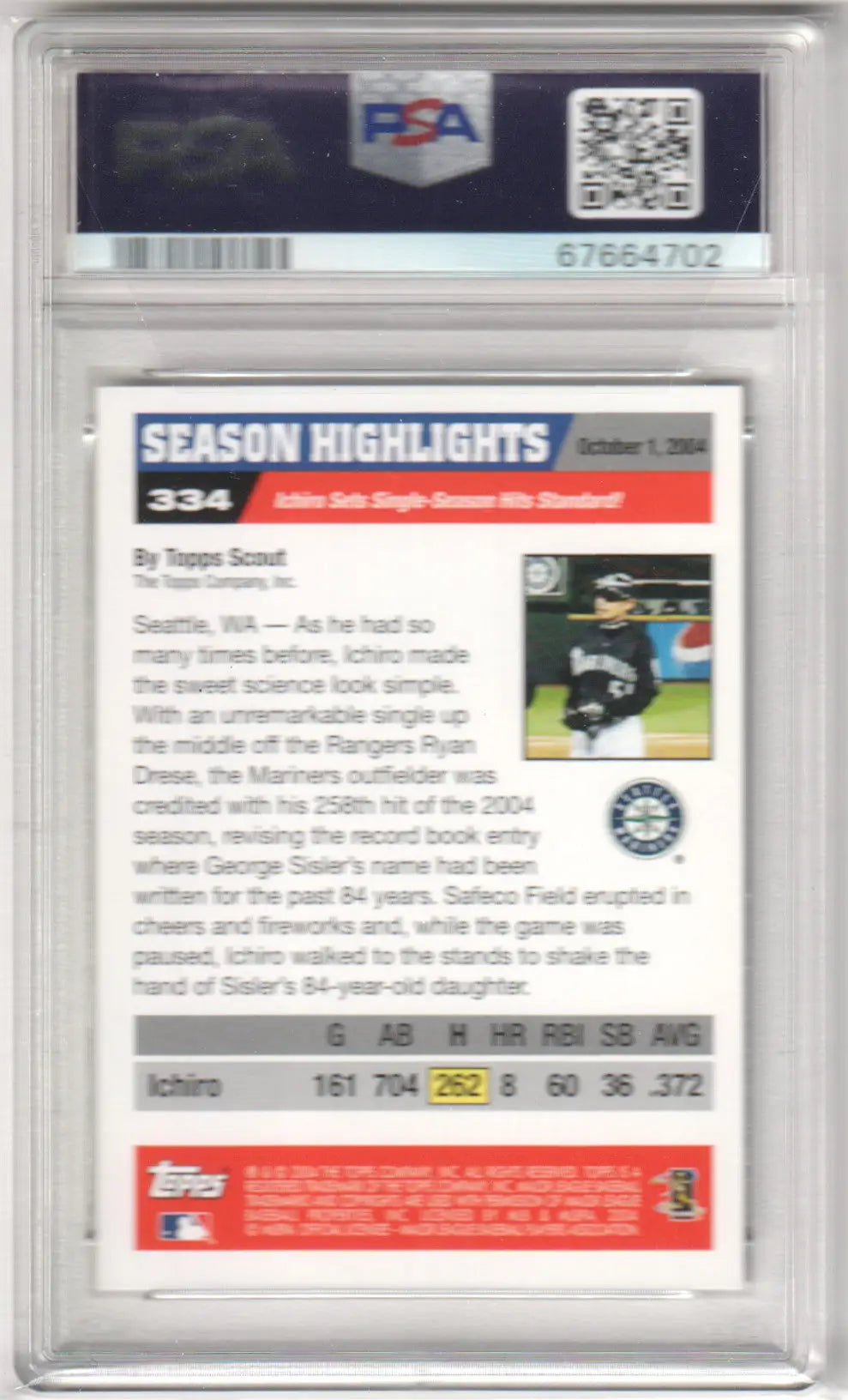 Graded Ichiro Baseball Card from Columbia Hobby ICHIRO 2005 Topps #334 PSA 9MINT