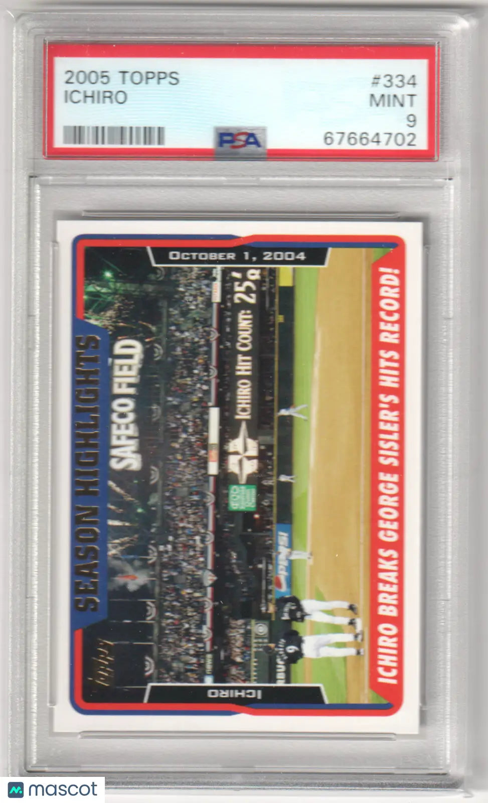 Graded Ichiro baseball card from Columbia Hobby, 2005 Topps #334 PSA 9 MINT Mariners