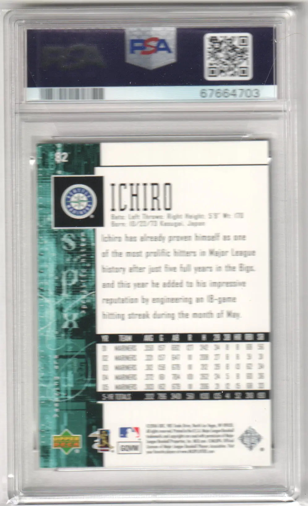 Encased Ichiro baseball card from Upper Deck SPX - Columbia Hobby Mariners PSA 9