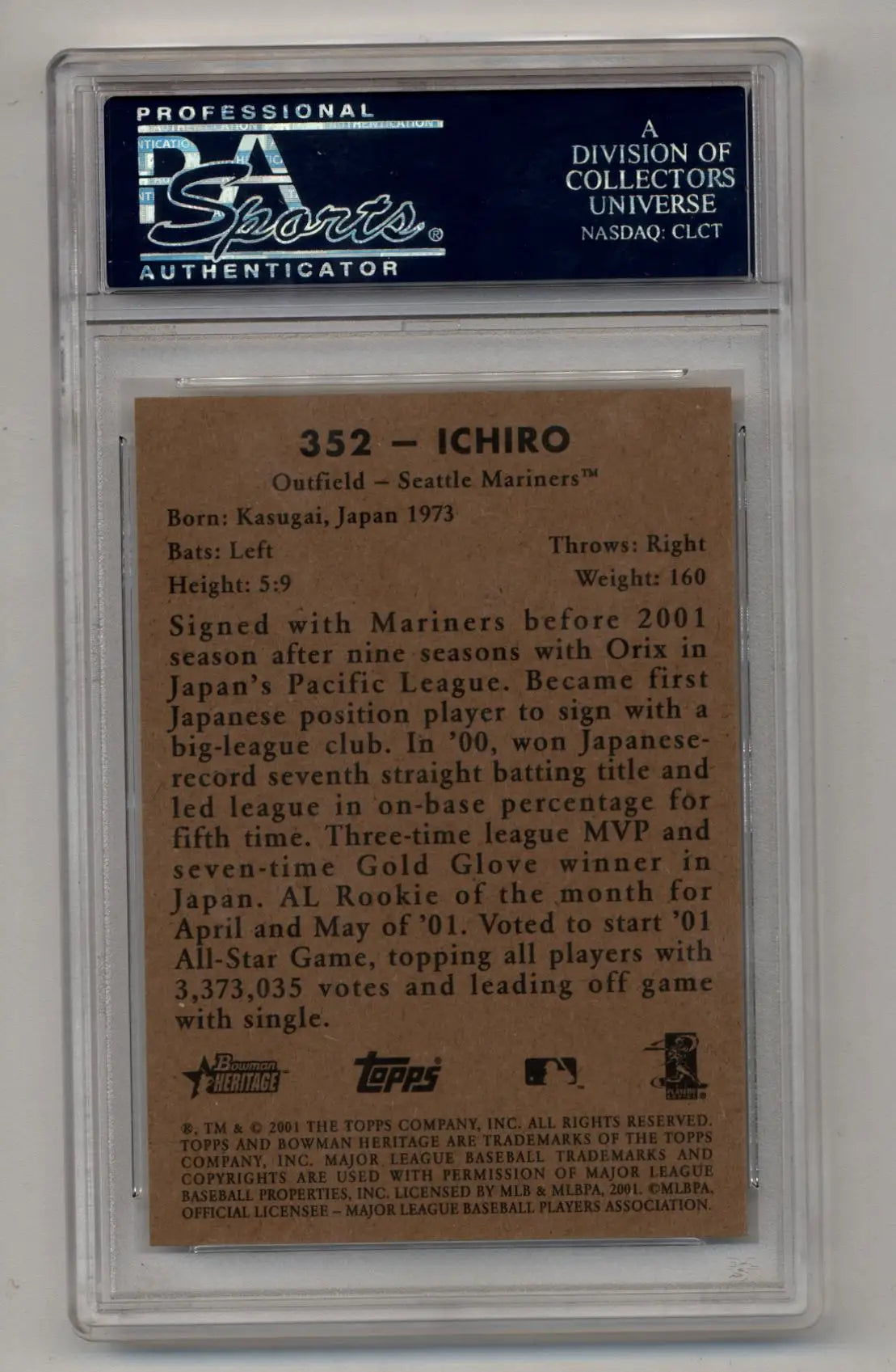 Ichiro Suzuki Bowman Heritage 2001 trading card in protective slab PSA 10 Gem Mint