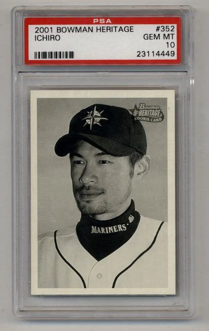 Ichiro Suzuki Bowman Heritage 2001 baseball card PSA 10 Gem Mint display