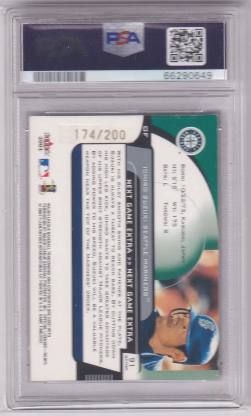 Graded Ichiro Suzuki 2001 Fleer Game Time rookie card by Columbia Hobby with PSA 8