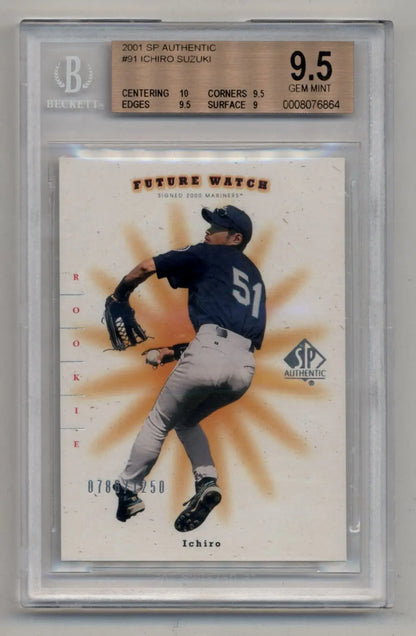 Graded Ichiro Suzuki 2001 SP Authentic #91 trading card in gem mint condition, mid-throw