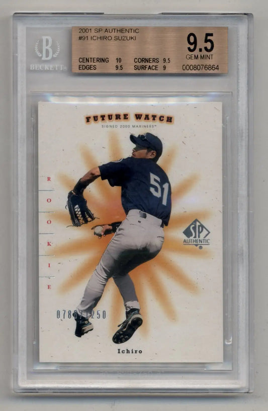Graded Ichiro Suzuki 2001 SP Authentic #91 trading card in gem mint condition, mid-throw