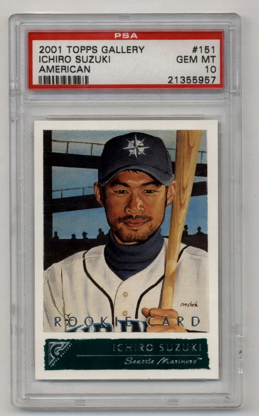 Professionally graded Ichiro Suzuki 2001 Topps Gallery American rookie baseball card in PSA 10