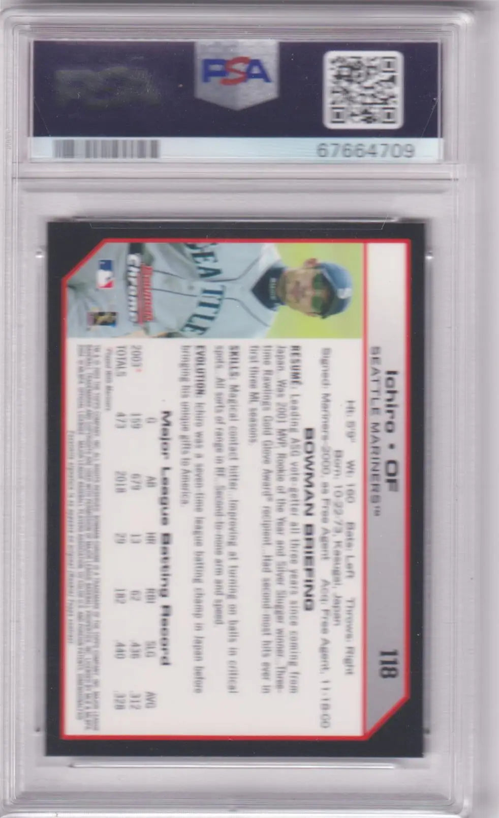 Encased Ichiro Suzuki 2004 Bowman Chrome baseball card by Columbia Hobby in PSA 10 grade