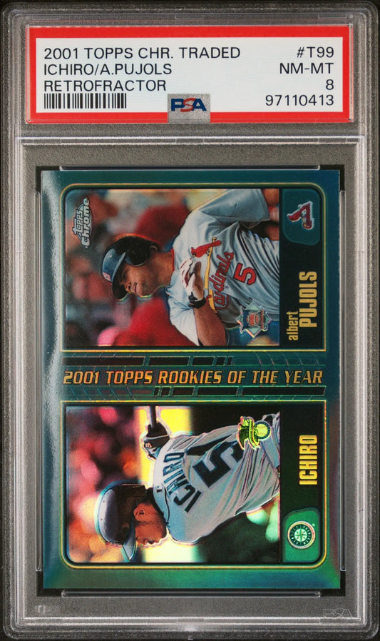 Graded baseball card of Ichiro Suzuki and Albert Pujols, Topps Chrome Retrofractor PSA 8