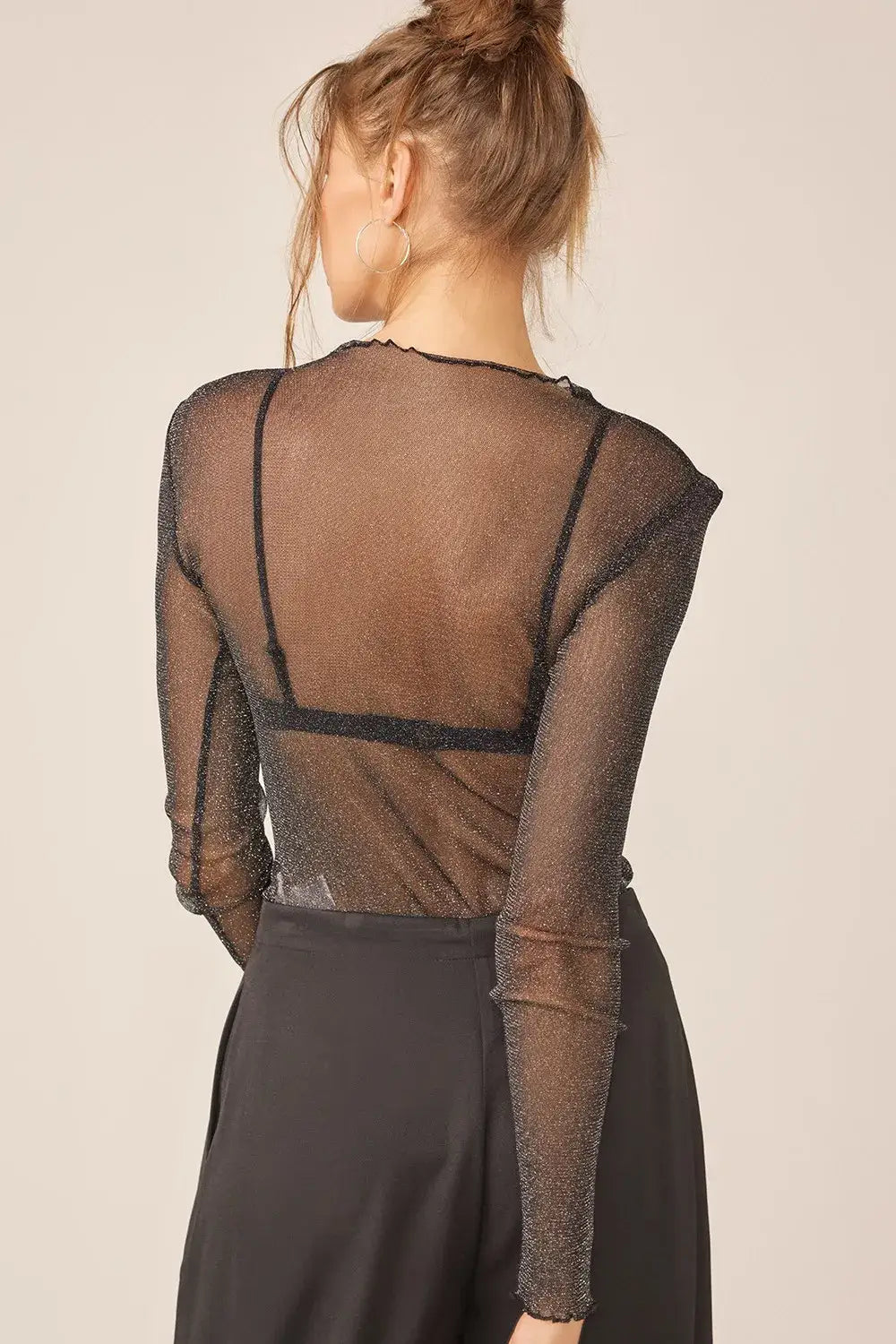 Black sheer long sleeve top with subtle sparkle from Idem Ditto Sparkling Glitter Long Sleeve Sheer Top