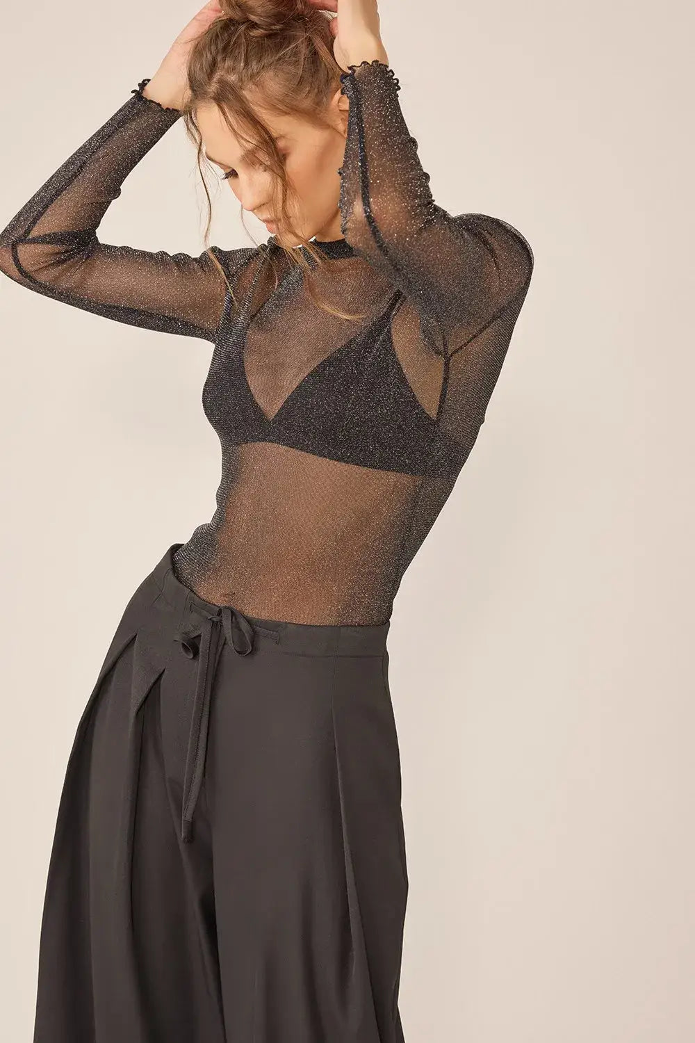 Idem Ditto Sparkling Glitter Long Sleeve Sheer Top with matching bra and wide-leg pants
