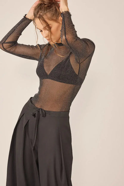 Idem Ditto Sparkling Glitter Long Sleeve Sheer Top with matching bra and wide-leg pants