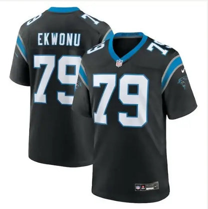 Black Carolina Panthers Ikem Ekwonu Nike Game Jersey with white Ekwonu and number 79