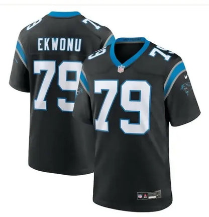 Black NFL football jersey with blue and white accents, number 79, Ekwonu, Carolina Panthers