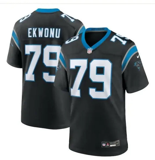 Black NFL football jersey with blue and white accents, number 79, Ekwonu, Carolina Panthers