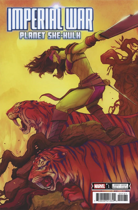 Comic book cover of She-Hulk riding two tigers from Imperial War Planet She-Hulk #1 Nimit Malavia Variant