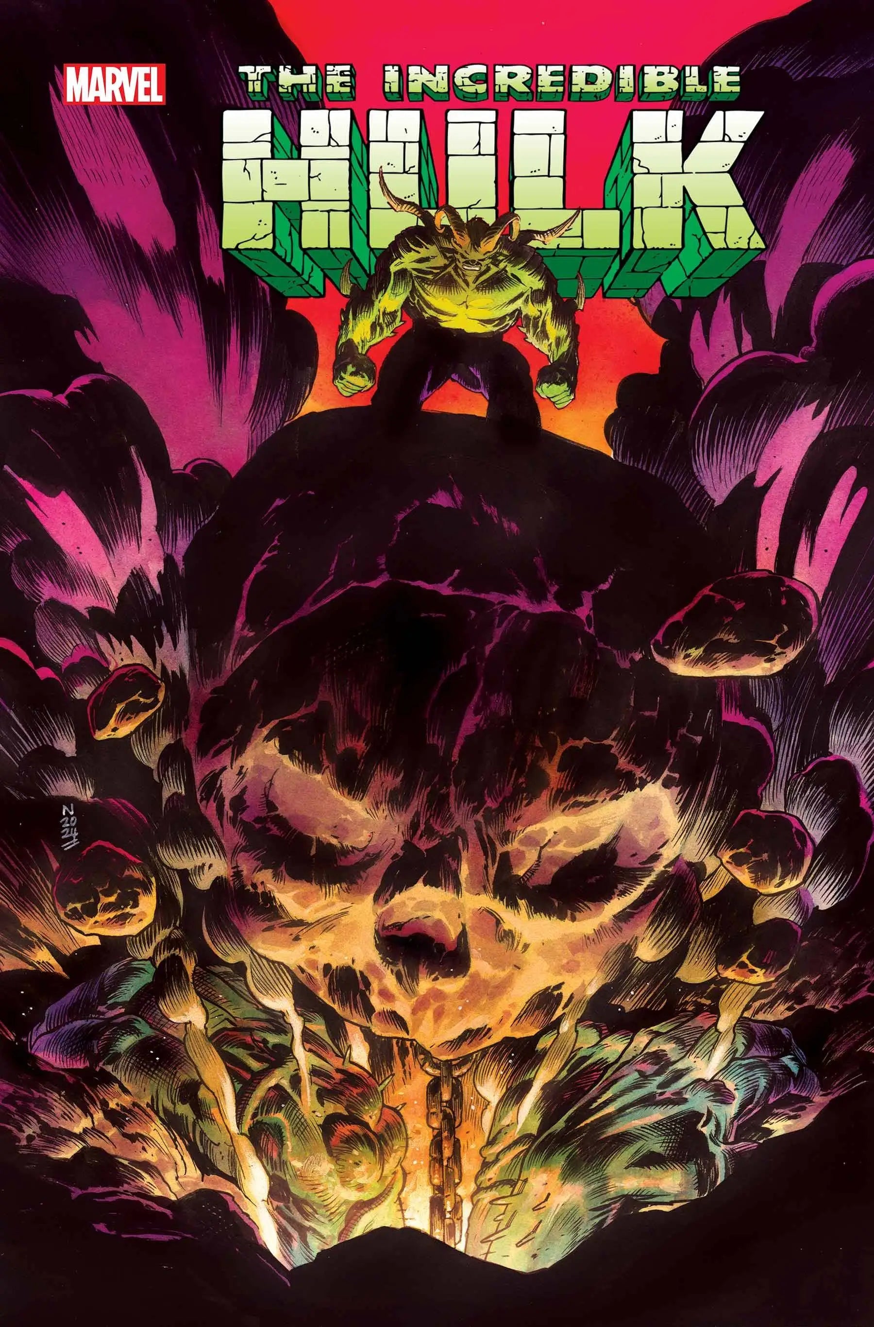 Hulk bursts from flames in INCREDIBLE HULK #16 trading card art action scene