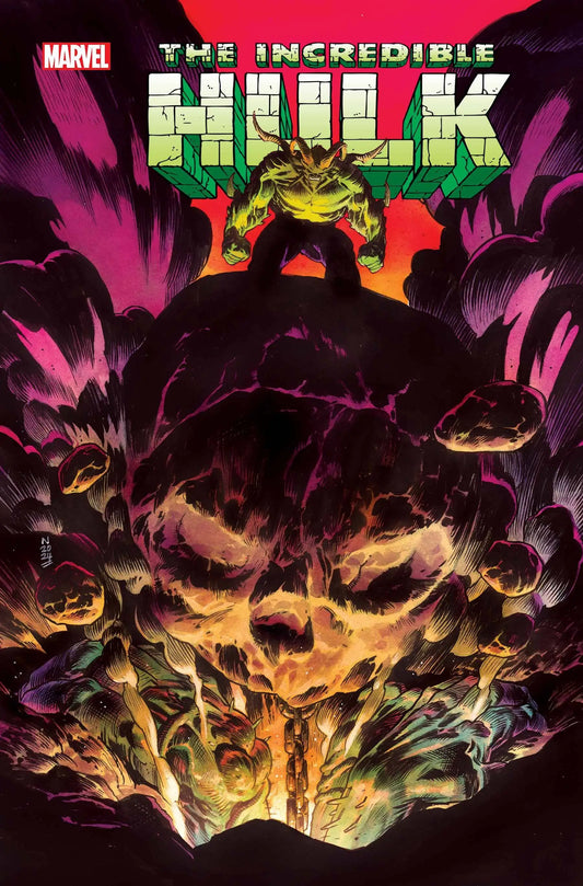 Hulk bursts from flames in INCREDIBLE HULK #16 trading card art action scene