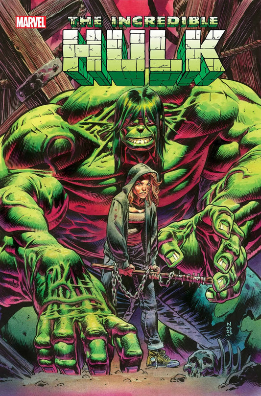 Incredible Hulk figure towers over person, showcasing collectible trading cards