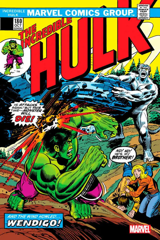 Vintage Marvel comic cover featuring the Incredible Hulk battling the Wendigo in facsimile edition
