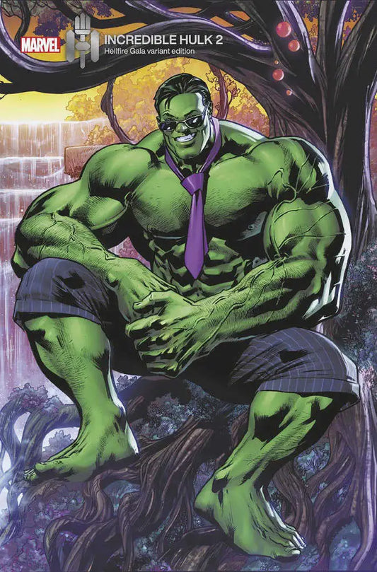 Green muscular Hulk in a purple tie, featured in Incredible Hulk 2 trading cards