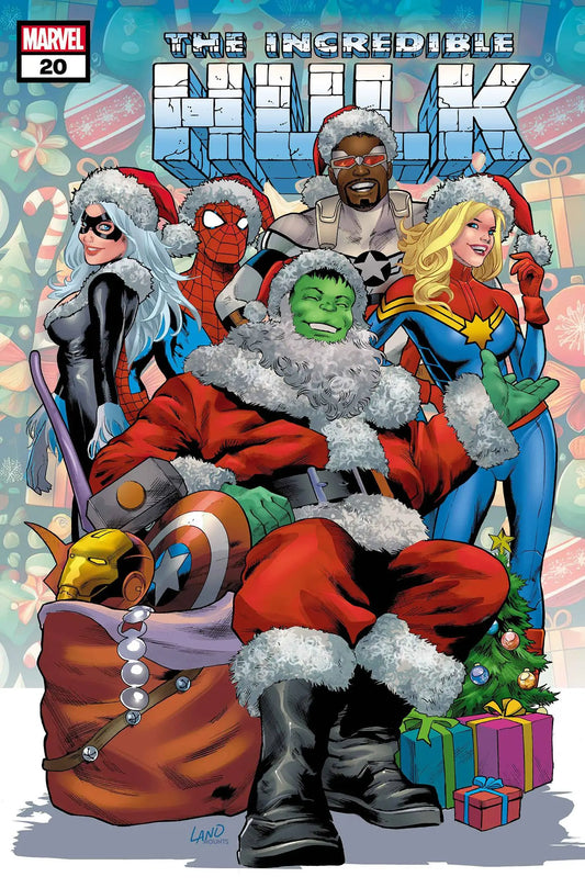 Marvel superheroes surround Hulk in Santa attire, perfect for trading cards collections