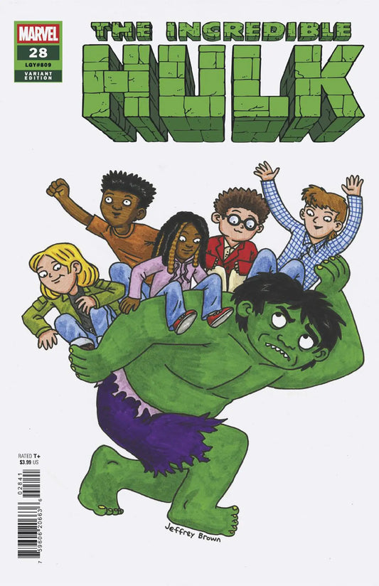 Comic book cover of Incredible Hulk carrying five children, Jeffrey Brown Variant
