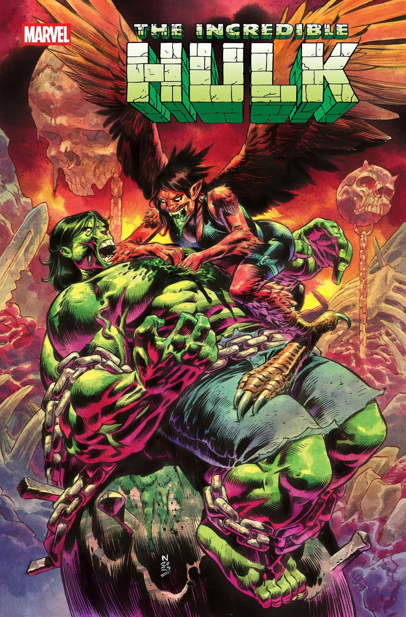 Incredible Hulk comic book cover with Hulk in chains battling a winged demonic creature