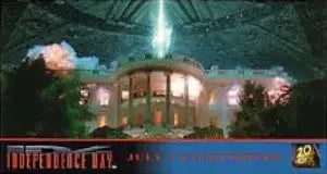 White House-like building at night with light beam, Independence Day promo card design