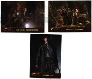 Three Indiana Jones trading cards showcasing scenes from Kingdom of the Crystal Skull