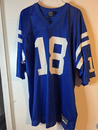 Blue Indianapolis Colts Manning jersey with white number 18, long-sleeved football jersey