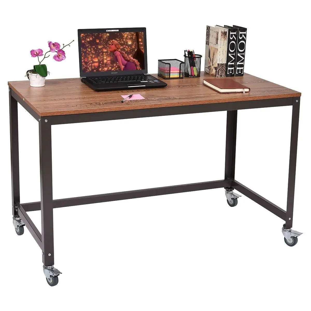 Industrial Modern Steel Frame Wood Top Computer Desk with Locking Wheels - Computer Desks