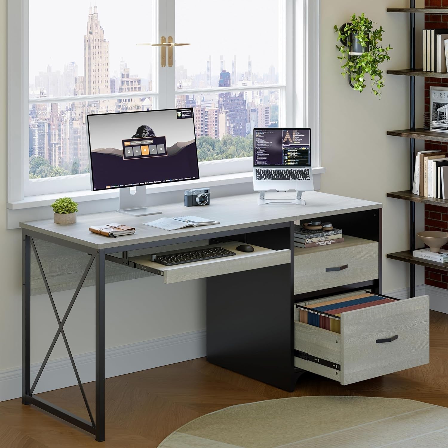 Industrial Office Desk with Storage Drawers and Keyboard Tray-1