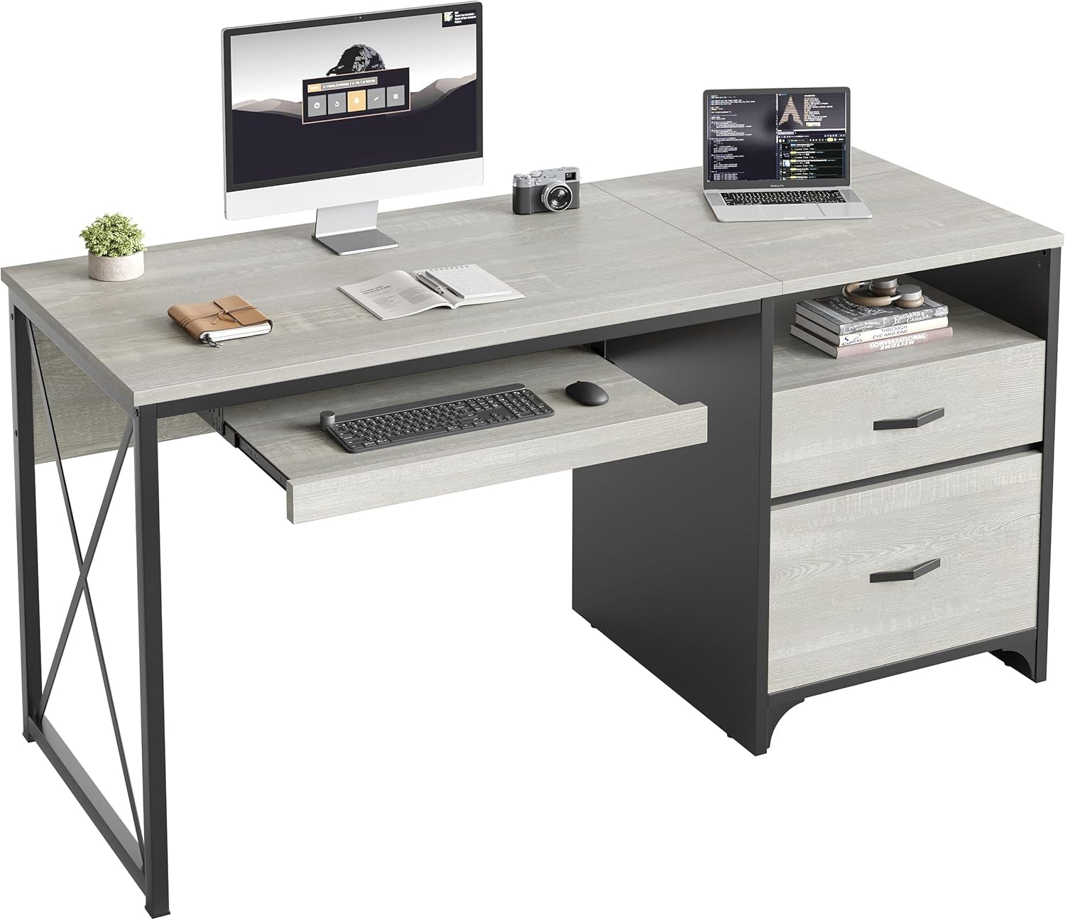 Industrial Office Desk with Storage Drawers and Keyboard Tray-0