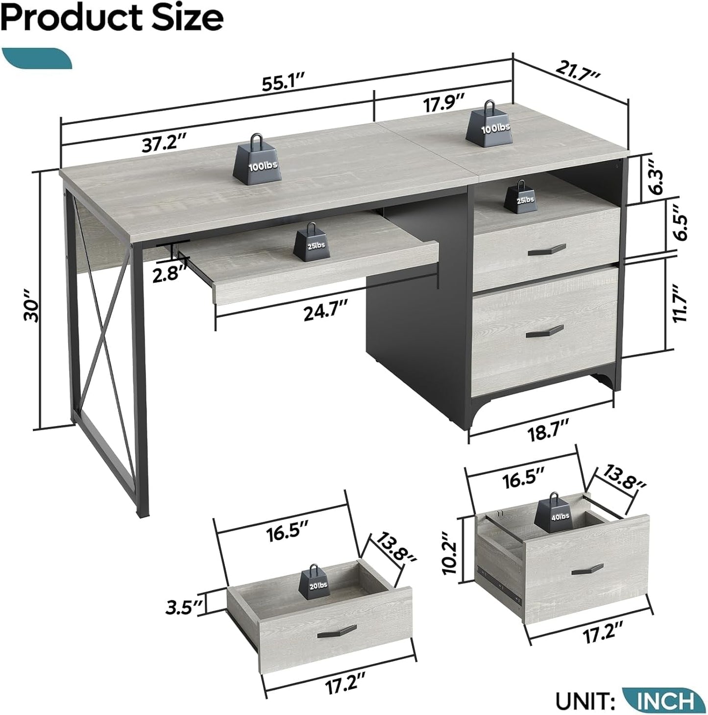 Industrial Office Desk with Storage Drawers and Keyboard Tray-2