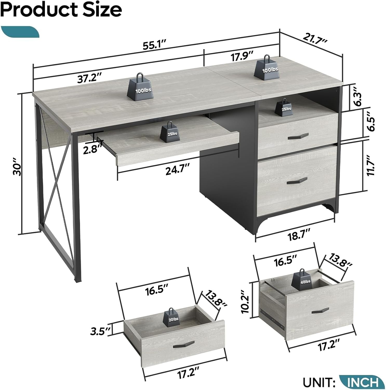 Industrial Office Desk with Storage Drawers and Keyboard Tray-2