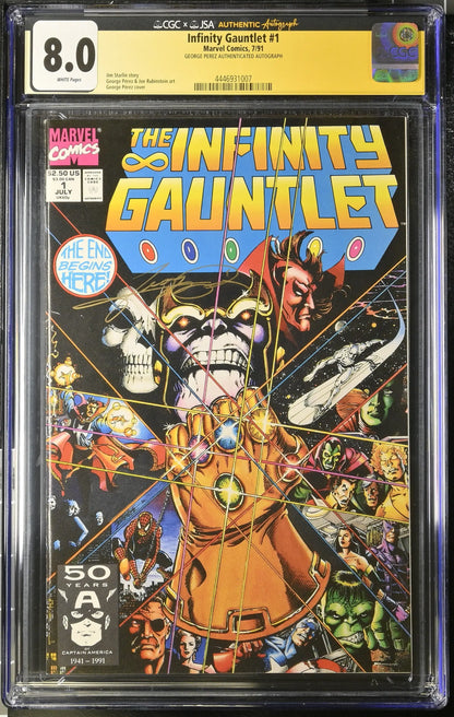 CGC graded 8.0 Infinity Gauntlet #1 signed by George Perez with store stamp in slab