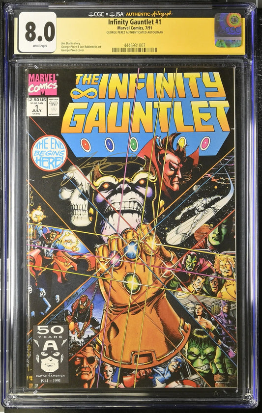 CGC graded 8.0 Infinity Gauntlet #1 signed by George Perez with store stamp in slab