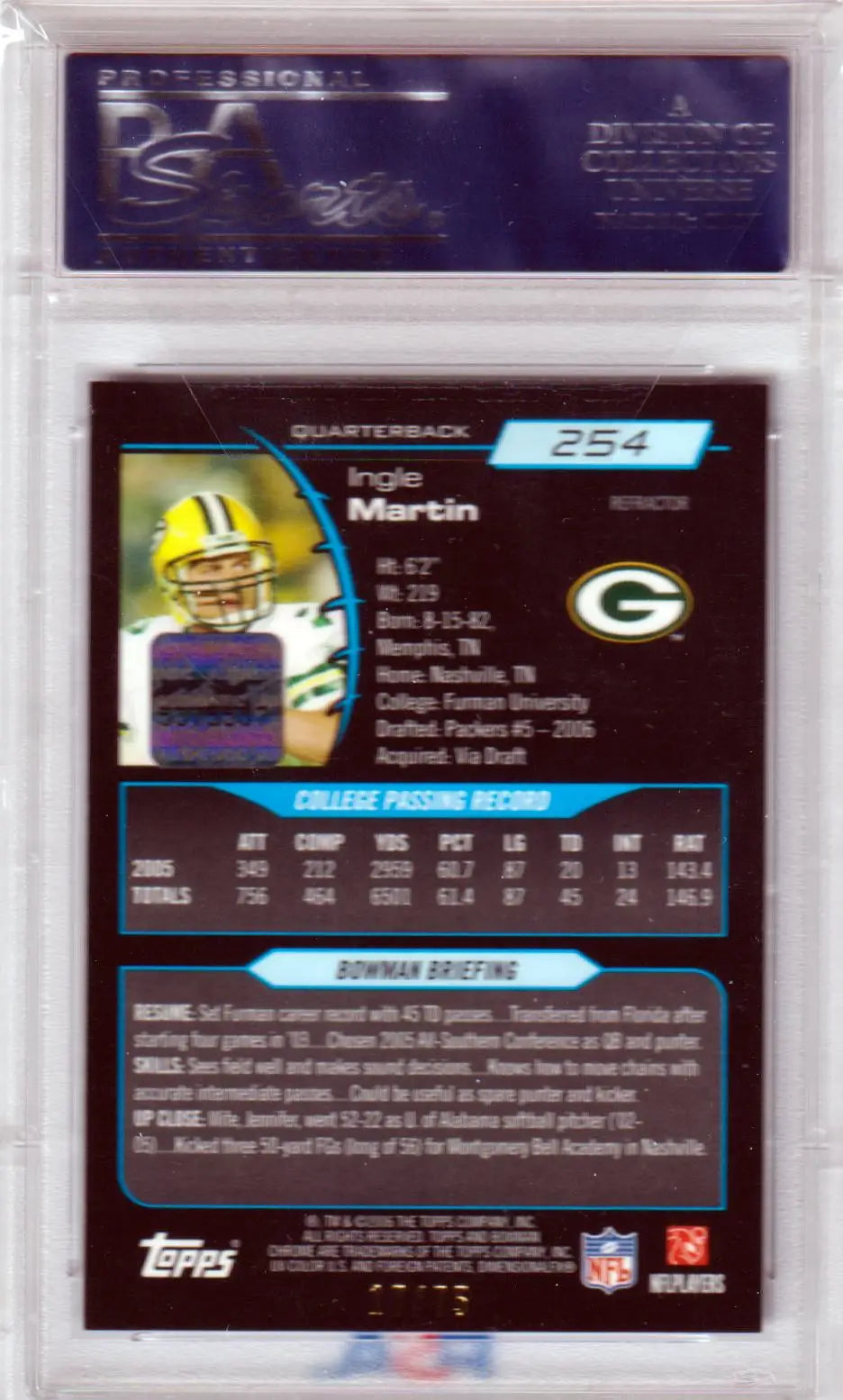 Ingle Martin football card from Bowman Chrome 2006 with Blue Refractor autograph PSA 10
