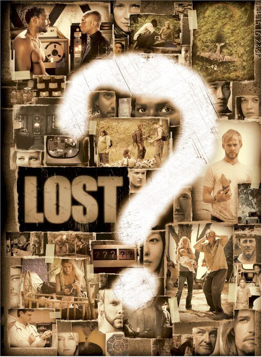 Collage of sepia-toned Lost Season photographs with a striking question mark uncut design