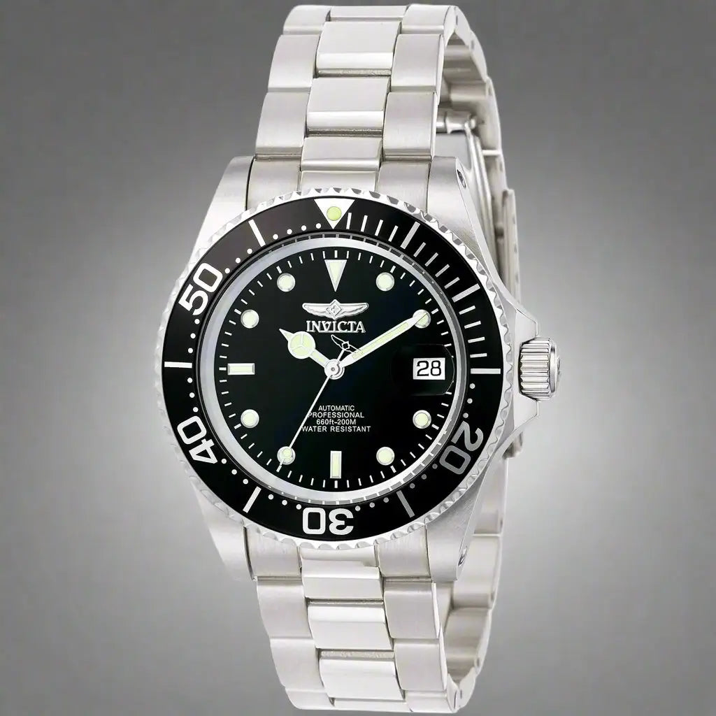 Silver stainless steel dive watch with black bezel and dial from Invicta men’s automatic collection