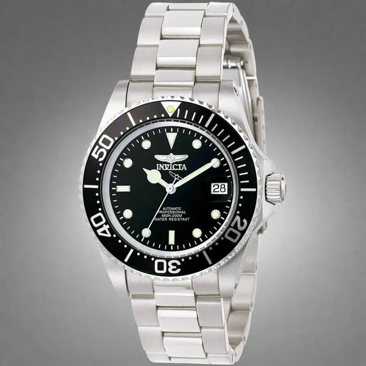 Silver stainless steel dive watch with black bezel and dial from Invicta men’s automatic collection