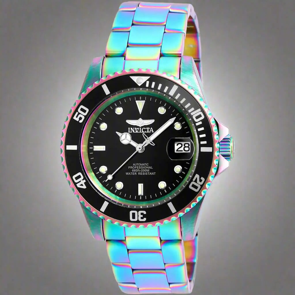 Invicta men’s black dial translucent metal dive watch with iridescent stainless steel finish