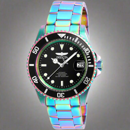 Invicta men’s black dial translucent metal dive watch with iridescent stainless steel finish