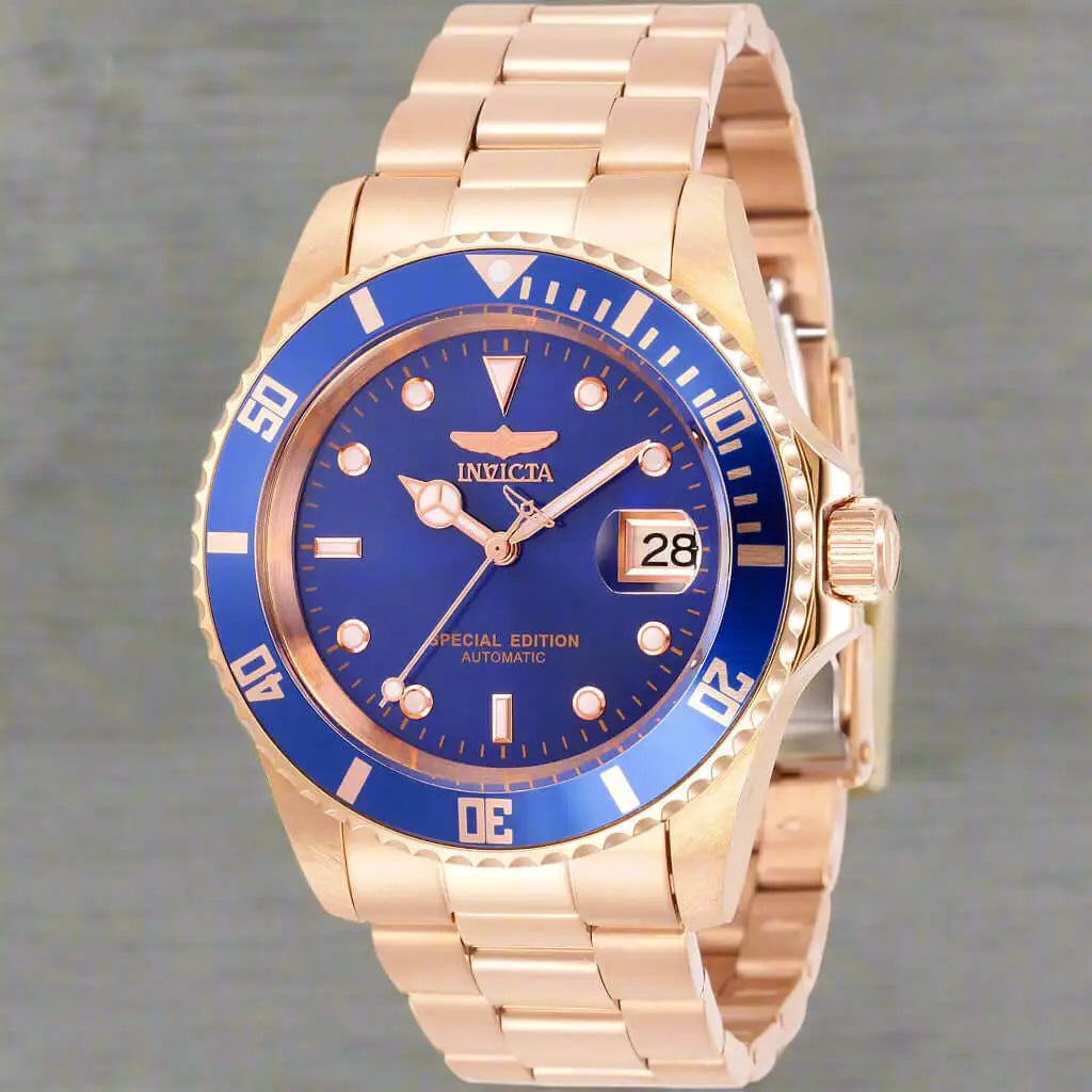 Rose gold-toned Invicta men’s watch with blue dial and bezel automatic movement