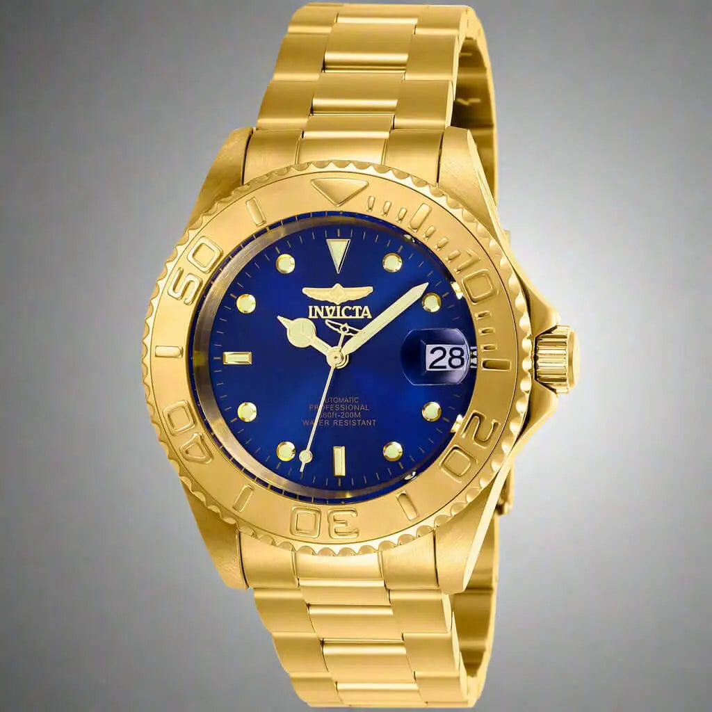 Gold-toned Invicta men’s watch with blue dial, bezel, and date display