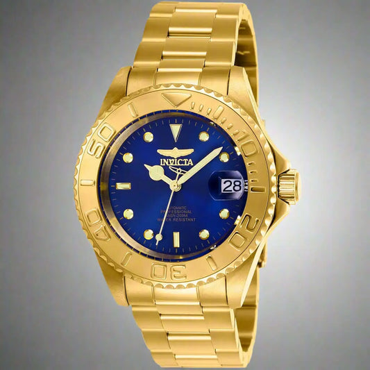 Gold-toned Invicta men’s watch with blue dial, bezel, and date display