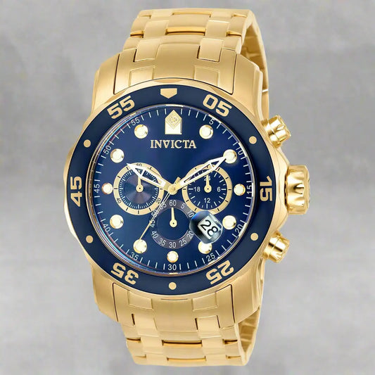 Invicta men’s blue dial gold tone stainless steel chronograph watch