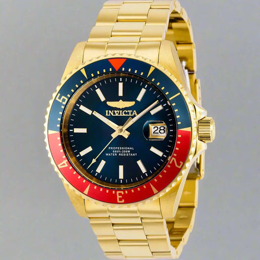 Invicta men’s gold tone automatic watch with blue dial and red and blue rotating bezel